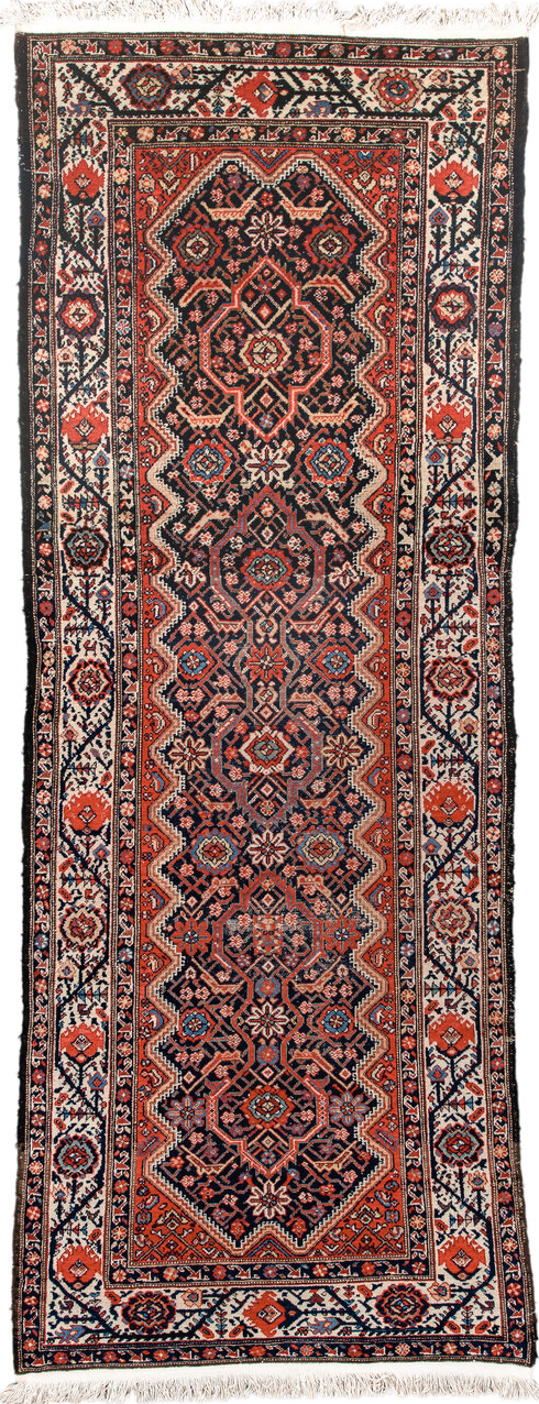3' x 9' one-of-a-kind handmade vintage Malayer runner rug. Color palette: gray, off-white, brown, red, pink, blue, orange