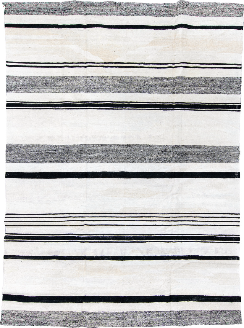 8' x 11' one-of-a-kind handmade vintage Kilim large size rug. Color palette: blue, dark gray, dim gray, gainsboro, gray