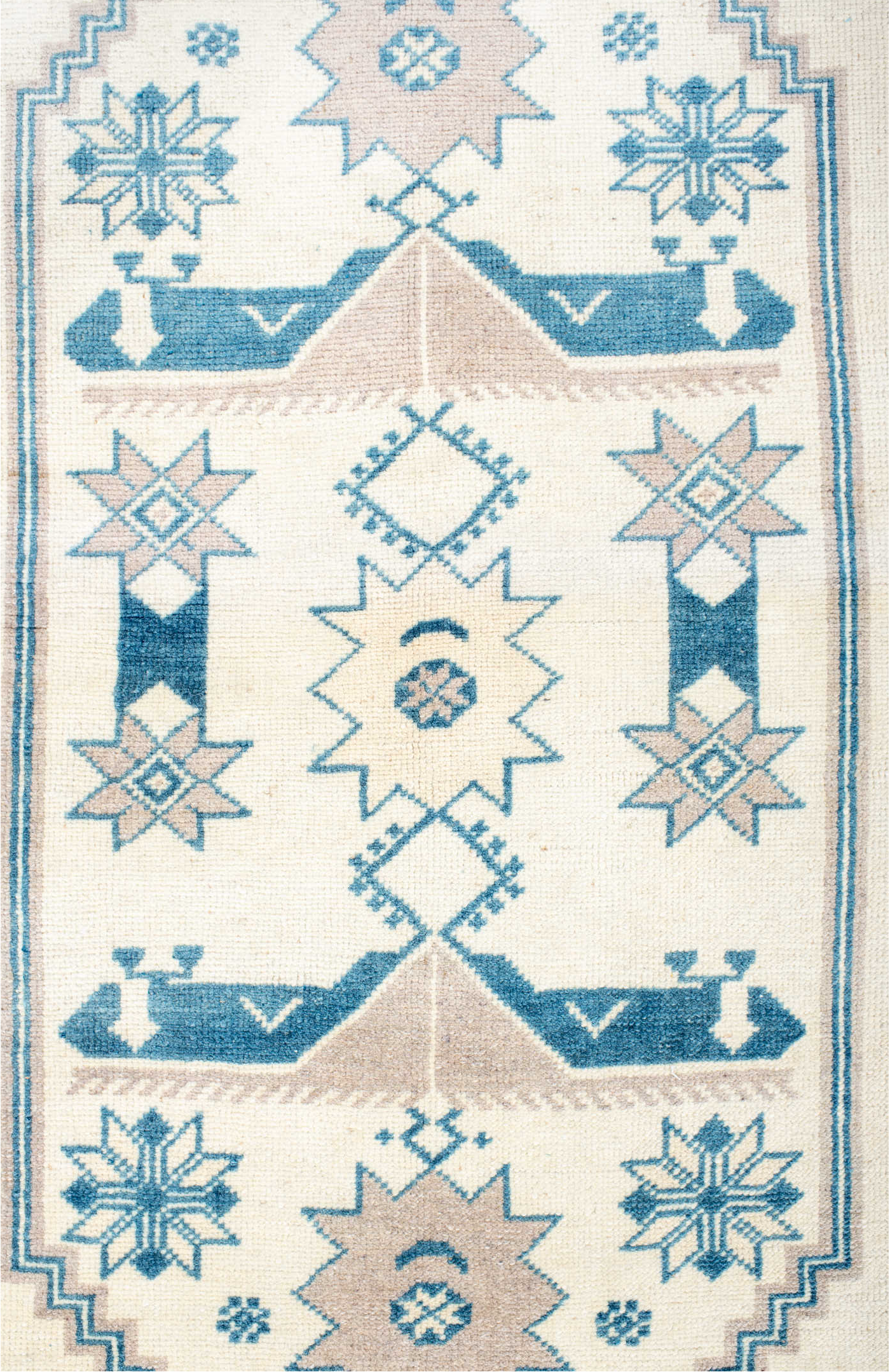3' x 6' one-of-a-kind handmade vintage Anatol small size rug. Color palette: beige, blue, floral white, gainsboro, gray