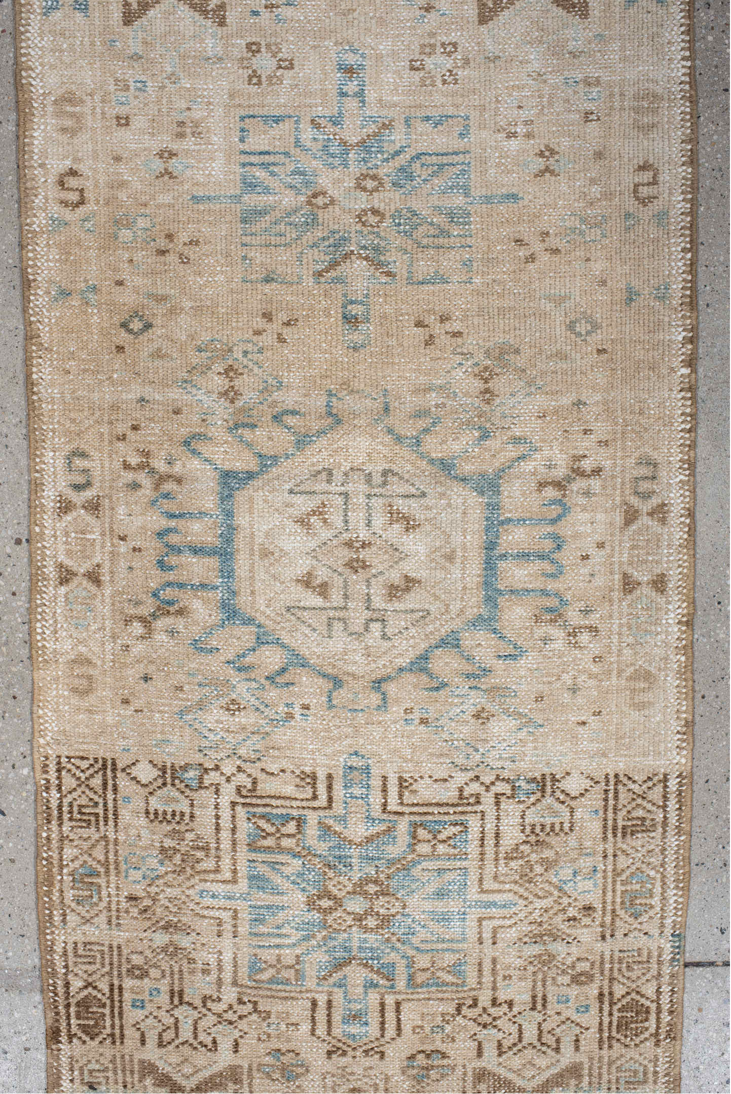 2' x 7' one-of-a-kind handmade vintage Karaje runner rug. Color palette: antiquewhite, brown, dark gray, gray, linen