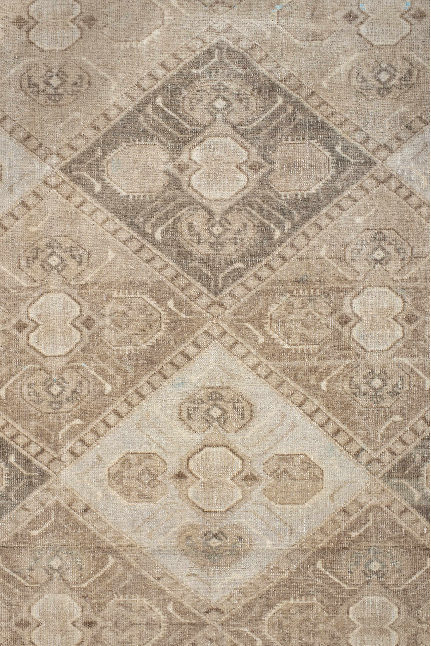 6' x 9' one-of-a-kind handmade vintage Afghan medium size rug. Color palette: brown, gray, light gray, off-white, orange