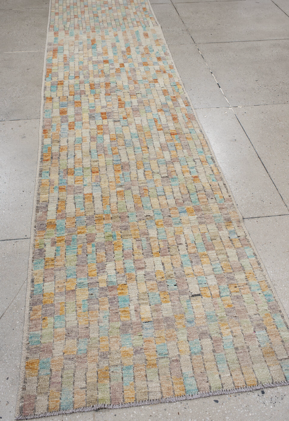 3' x 13' one-of-a-kind handmade vintage Tulu runner rug. Color palette: gray, blue, light gray, off-white, pink, brown