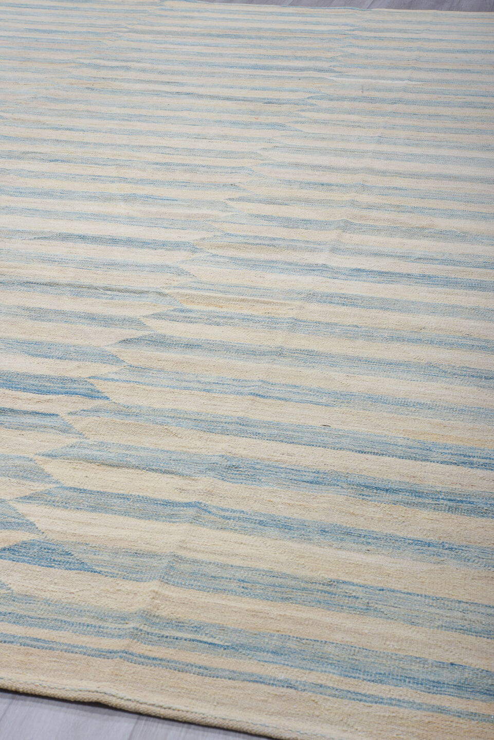 12' x 14' one-of-a-kind handmade vintage Kilim oversize rug. Color palette: black, blue, charcoal, gainsboro, gray