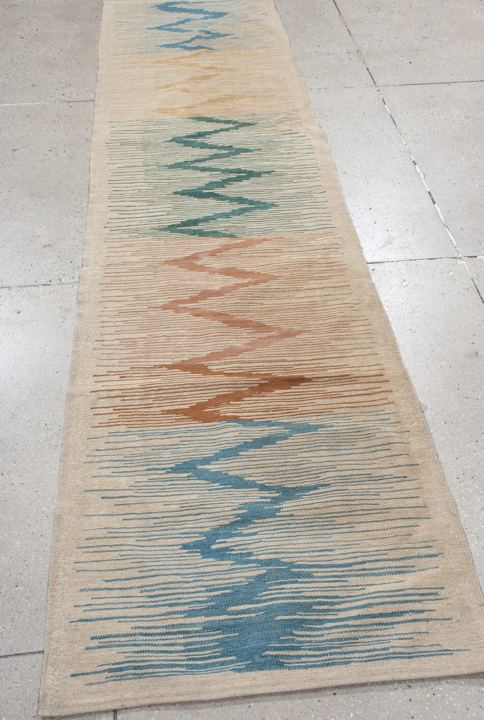 2' x 9' one-of-a-kind handmade vintage Kilim runner rug. Color palette: gray, off-white, blue, pink, brown, light gray
