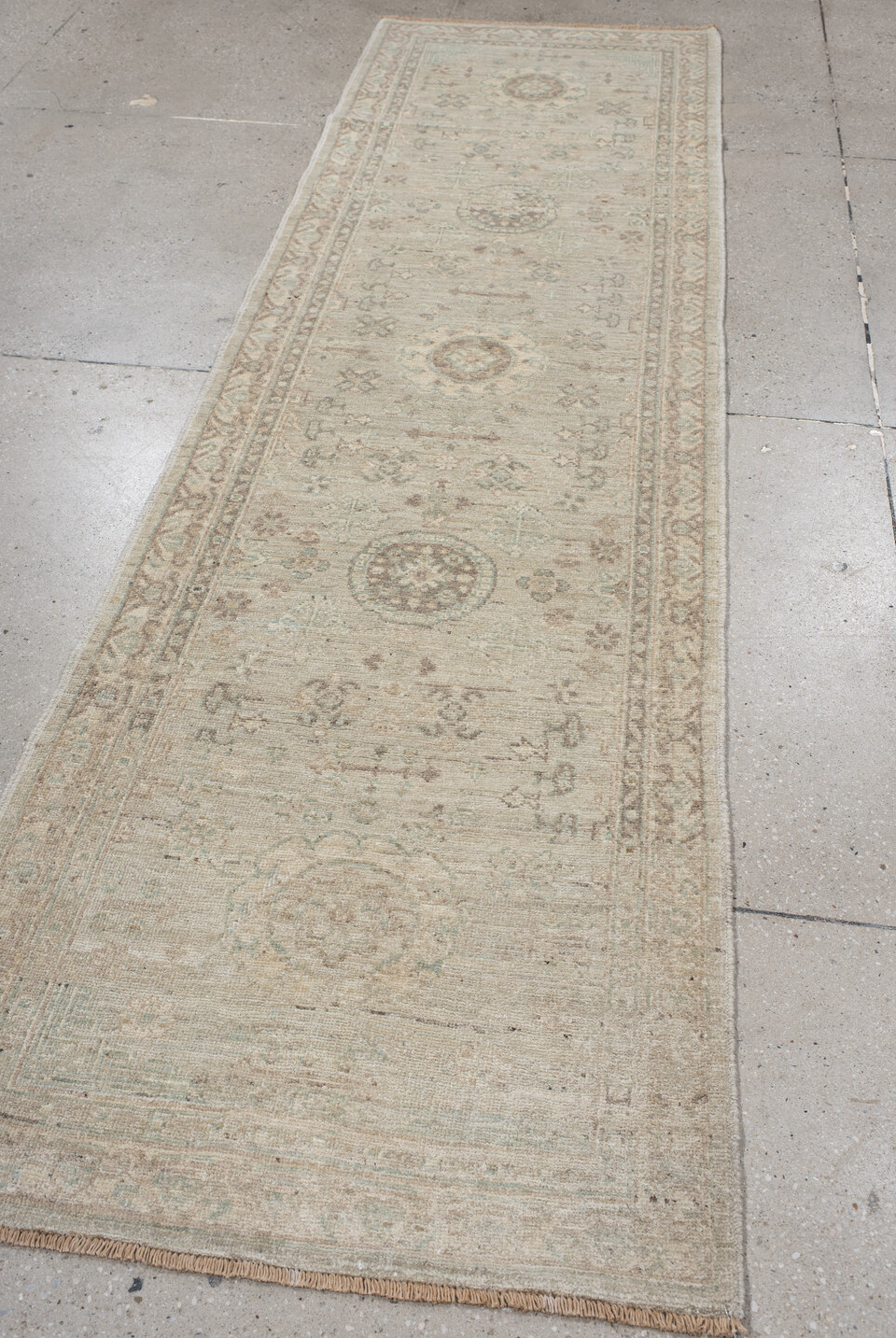 2' x 9' one-of-a-kind handmade vintage Oushak runner rug. Color palette: gray, off-white, brown, light gray, pink