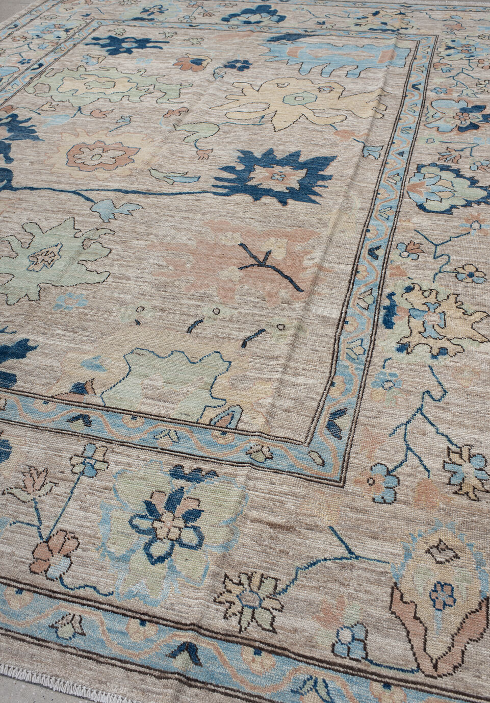 10' x 13' one-of-a-kind handmade vintage Oushak large size rug. Color palette: blue, gray, off-white, light gray, pink