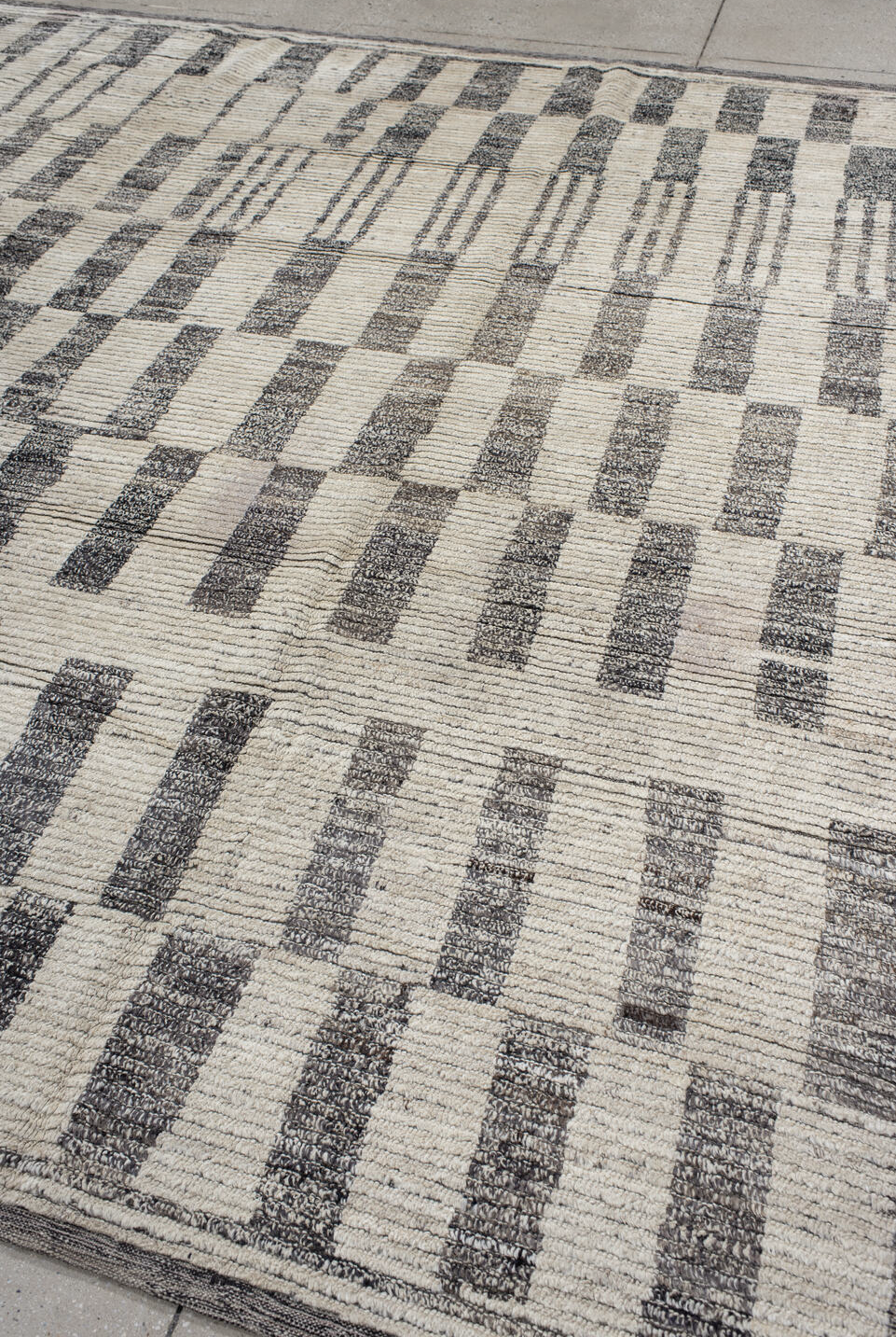 8' x 9' one-of-a-kind handmade vintage Tulu rug. Color palette: black, charcoal, dim gray, gray, light gray, linen