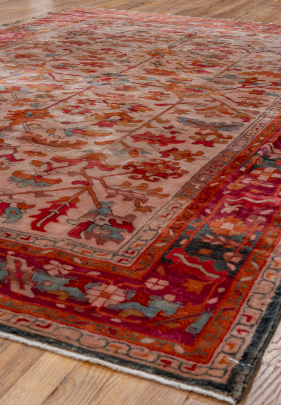 6' x 10' one-of-a-kind handmade vintage Hooked large size rug. Color palette: brown, dim gray, gray, pink, red, rosy brown
