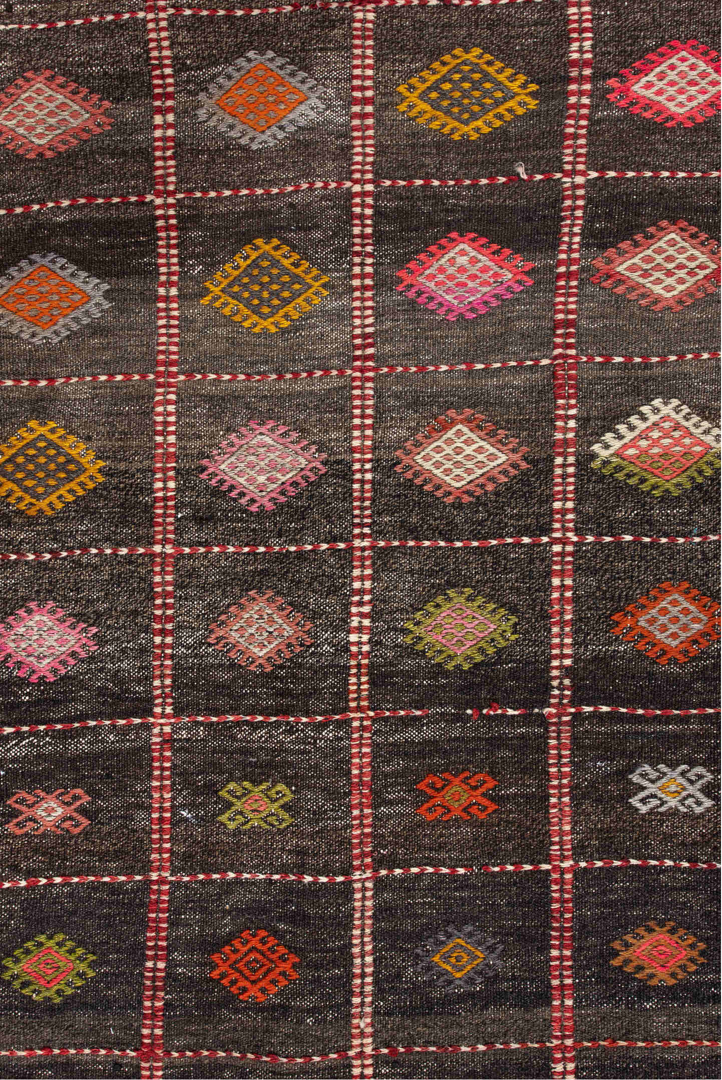 2' x 4' one-of-a-kind handmade vintage Jijim small size rug. Color palette: red, pink, gray, brown, off-white, light gray