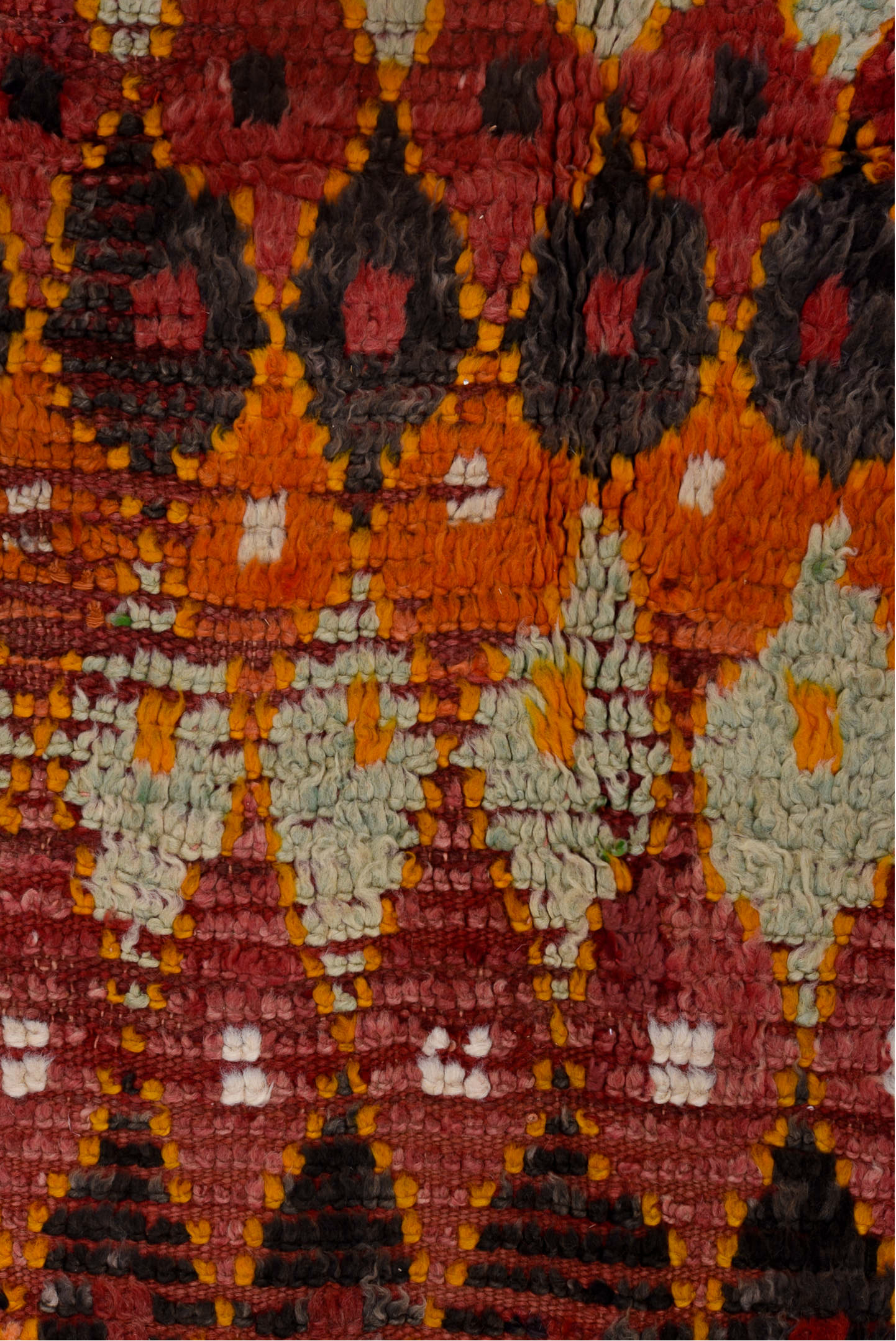 6' x 12' one-of-a-kind handmade vintage Moroccan large size rug. Color palette: brown, gray, off-white, orange, pink, red