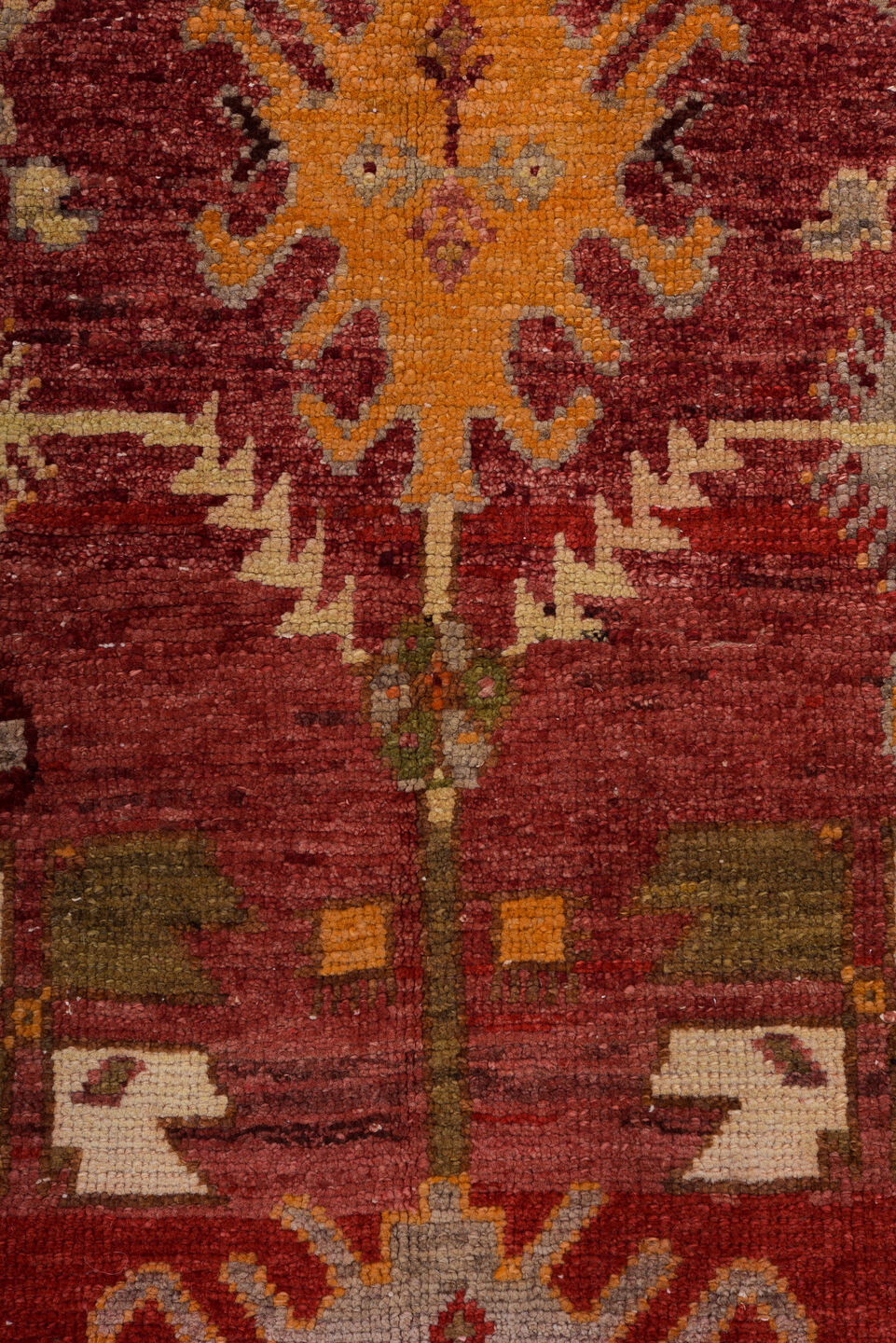 3' x 9' one-of-a-kind handmade vintage Oushak runner rug. Color palette: black, brown, orange, pink, red