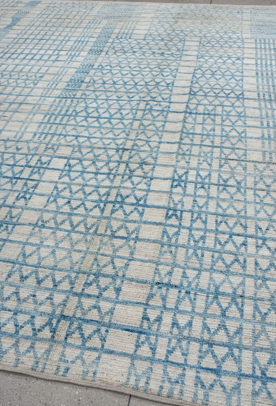 9' x 11' one-of-a-kind handmade vintage Tulu large size rug. Color palette: gray, off-white, light blue, light gray, blue