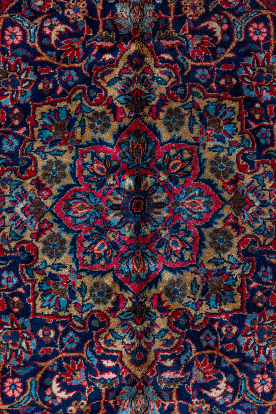 7' x 9' one-of-a-kind handmade vintage Kashan rug. Color palette: blue, brown, burgundy, fiord, gray, light gray