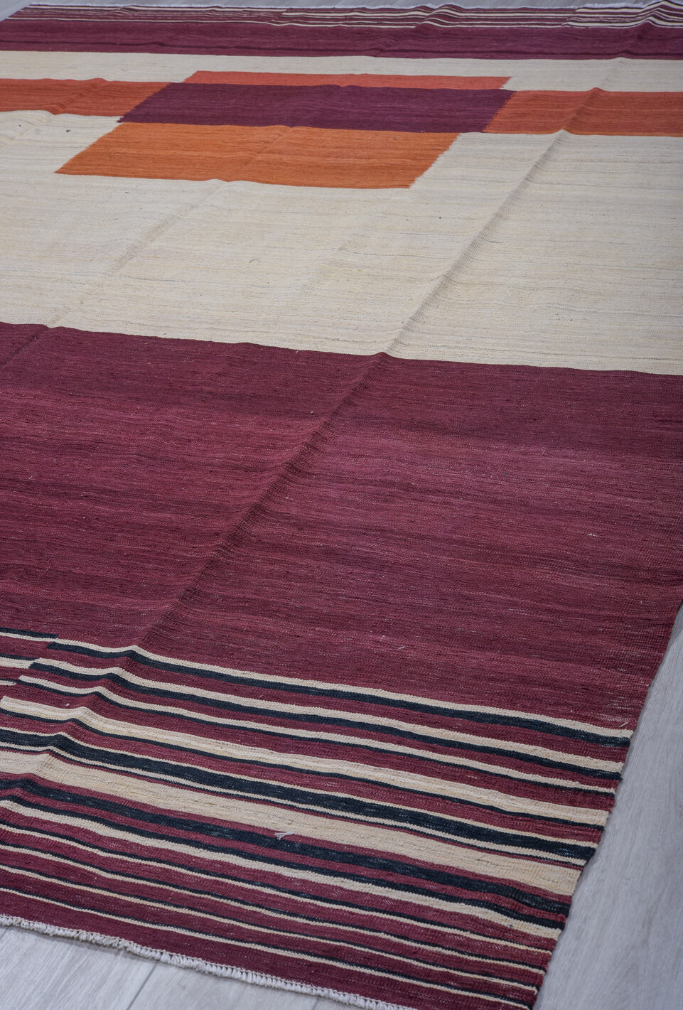 8' x 12' one-of-a-kind handmade vintage Kilim large size rug. Color palette: blue, brown, dark gray, gray, light blue