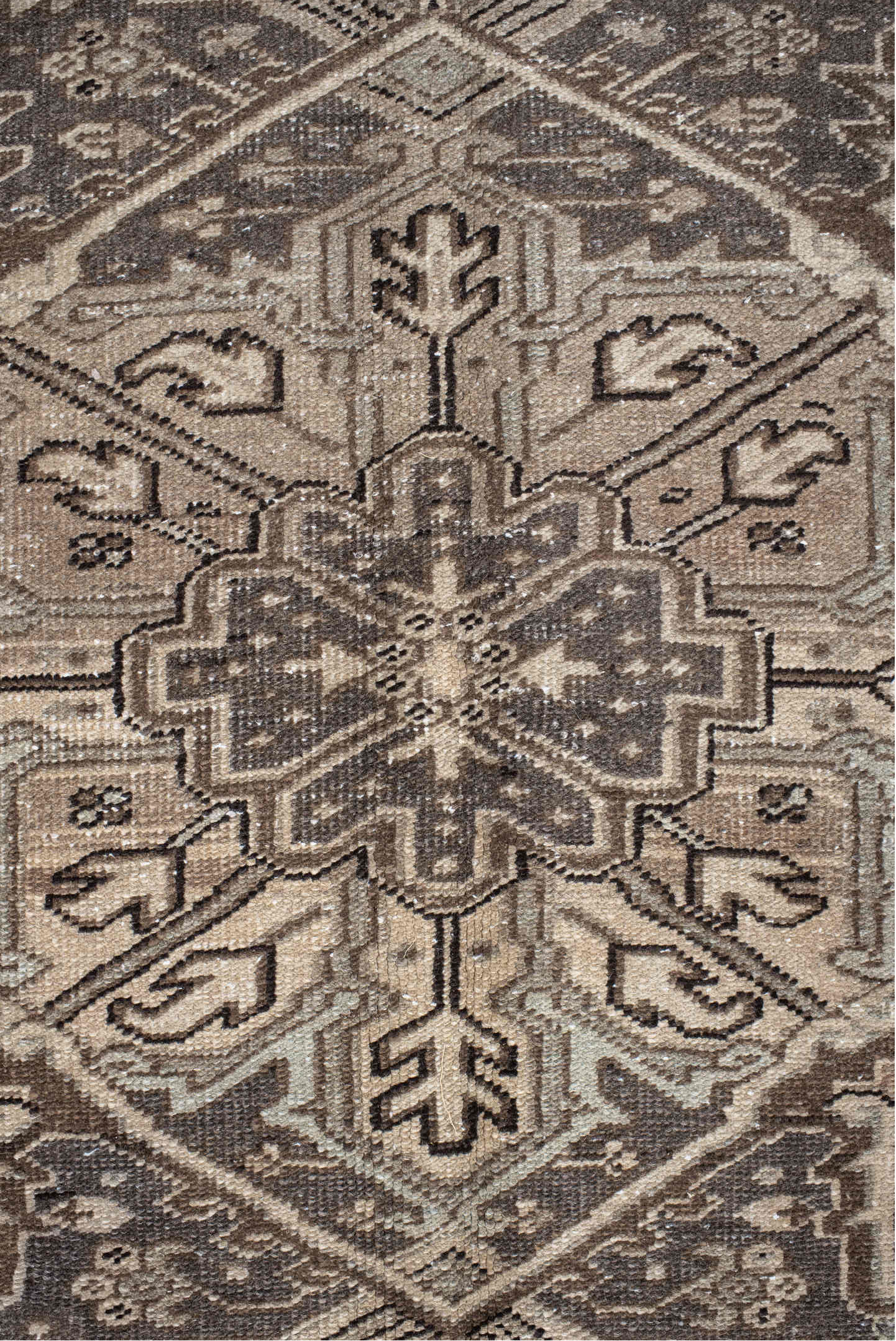 8' x 12' one-of-a-kind handmade vintage Heriz large size rug. Color palette: gray, brown, light gray, off-white, pink