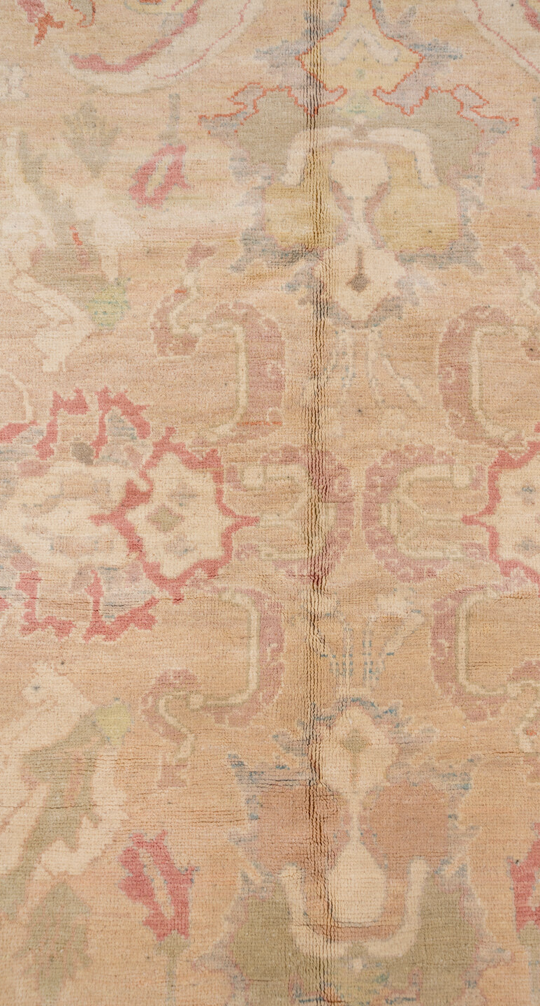 12' x 16' one-of-a-kind handmade vintage Sultanabad oversize rug. Color palette: brown, gray, off-white, orange, pink, tan