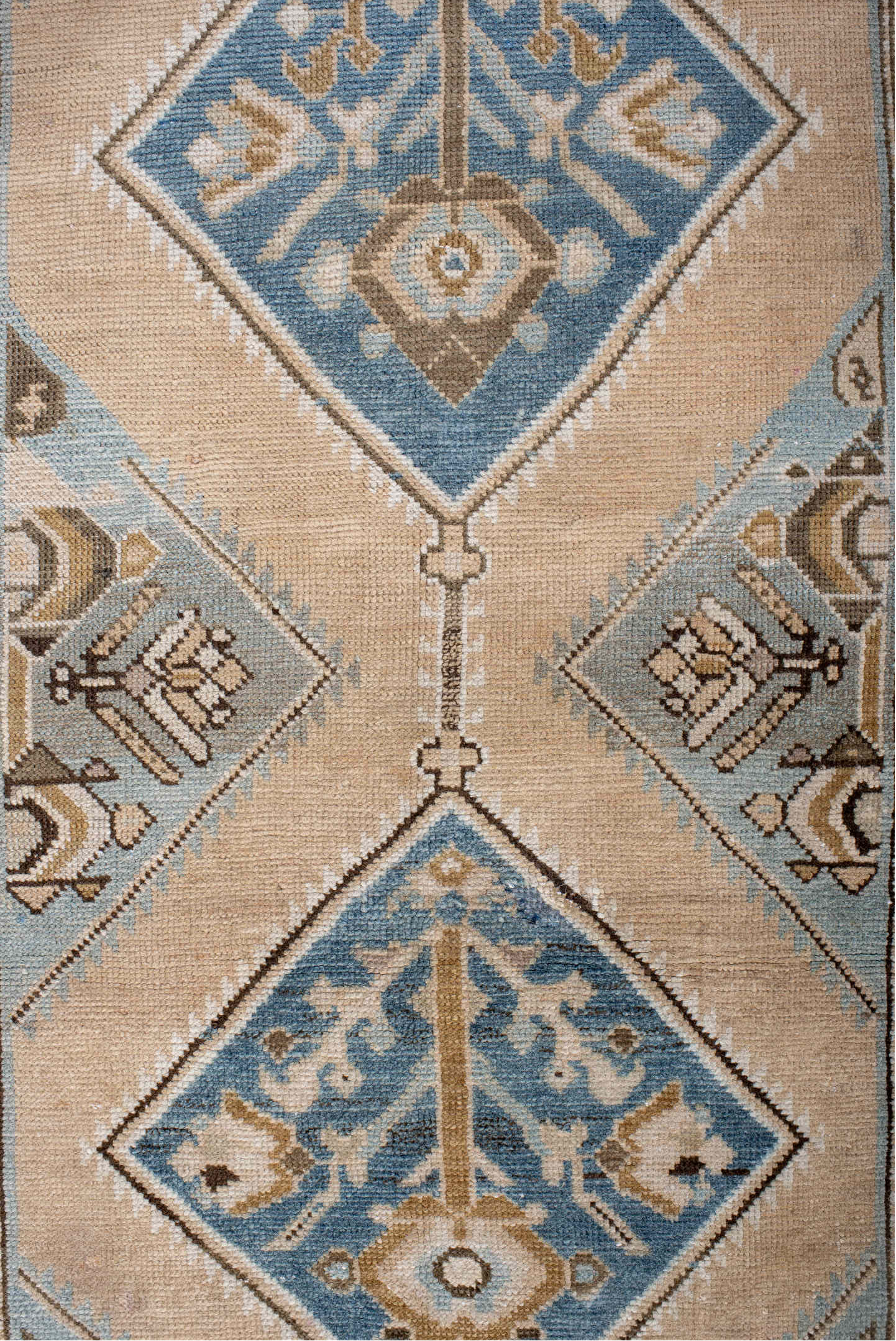 3' x 15' one-of-a-kind handmade vintage NW Persian runner rug. Color palette: blue, brown, dark gray, gray, light gray