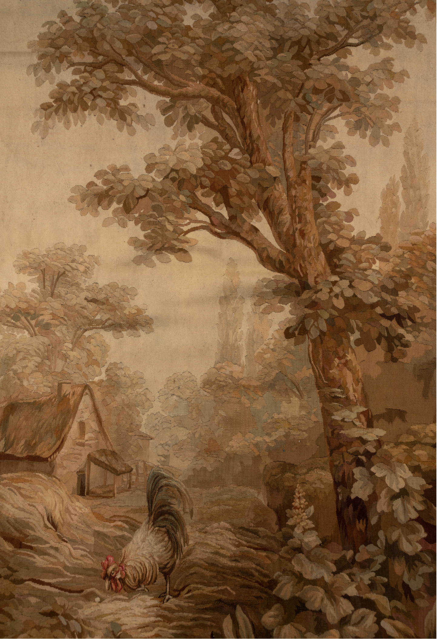 4' x 10' one-of-a-kind handmade vintage Tapestry runner rug. Color palette: brown, burlywood, tan