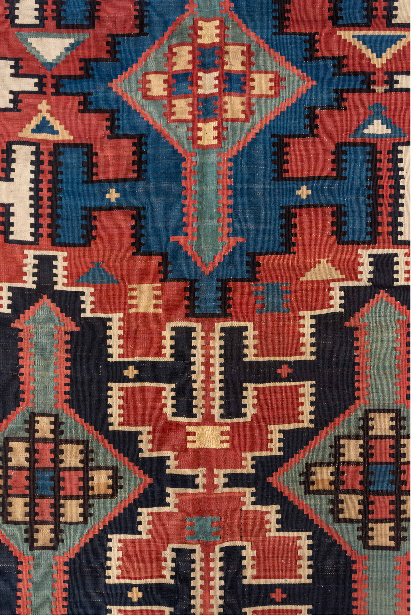 6' x 10' one-of-a-kind handmade vintage Kilim large size rug. Color palette: blue, brown, gray, pink, red