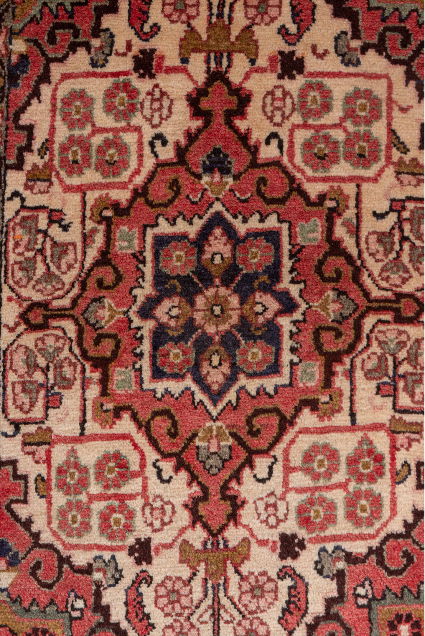 2' x 3' one-of-a-kind handmade vintage Sarouk small size rug. Color palette: pink, red, brown, gray, orange, off-white