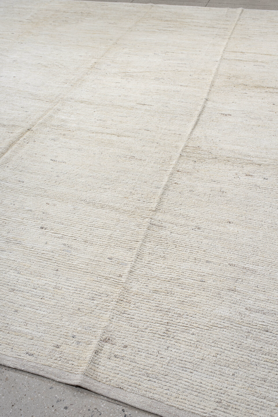 12' x 15' one-of-a-kind handmade vintage Tulu oversize rug. Color palette: floral white, gainsboro, gray, light gray, linen