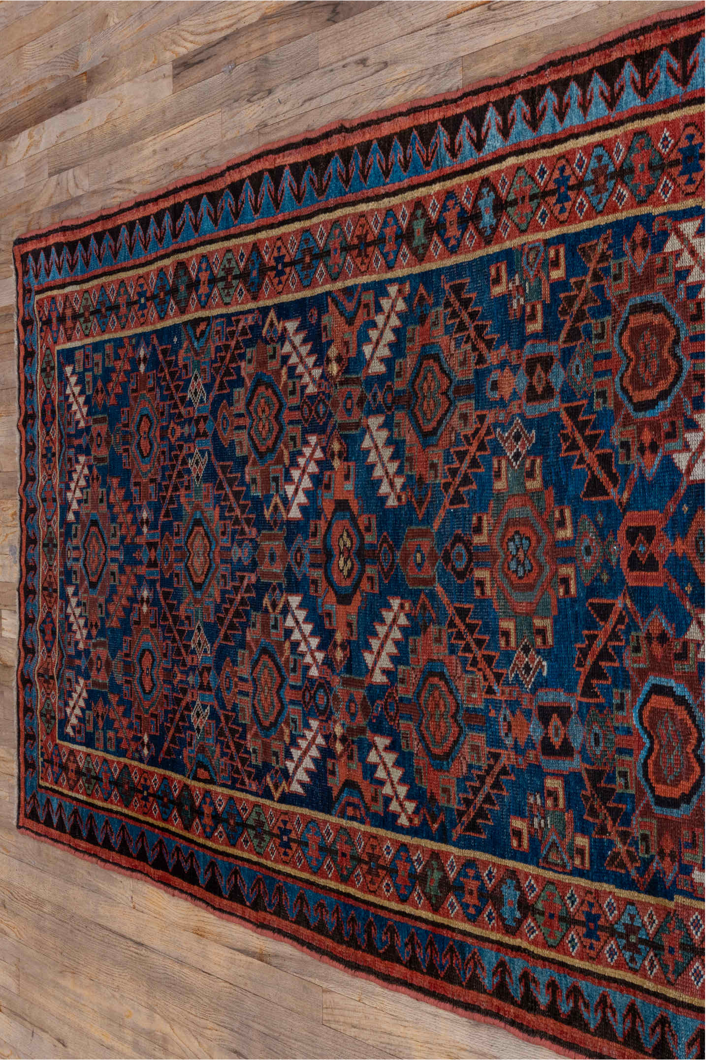 4' x 7' one-of-a-kind handmade vintage NW Persian rug. Color palette: blue, brown, fiord, gray, pink, red, slate gray