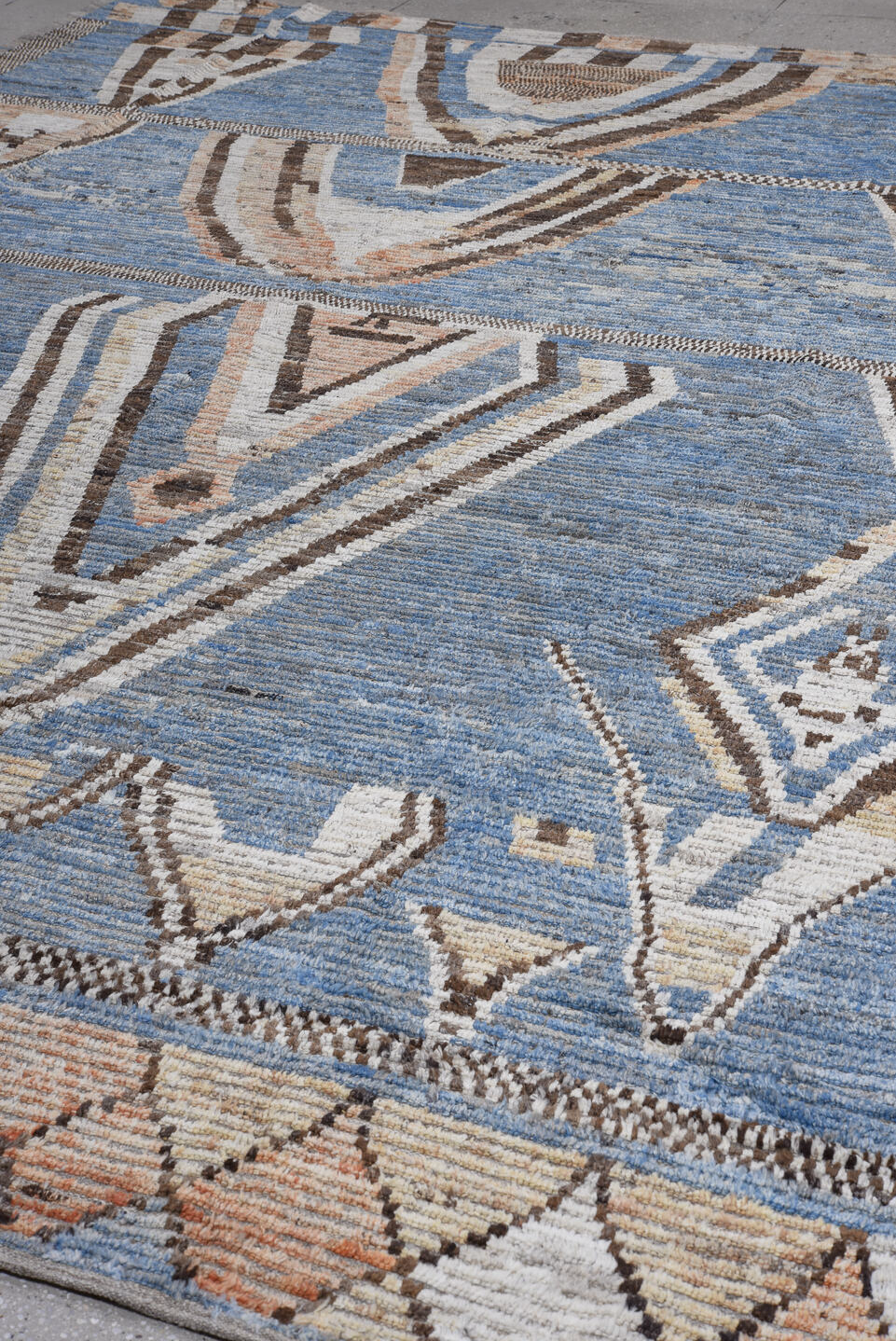 10' x 13' one-of-a-kind handmade vintage Tulu large size rug. Color palette: blue, brown, dark gray, dim gray, fiord