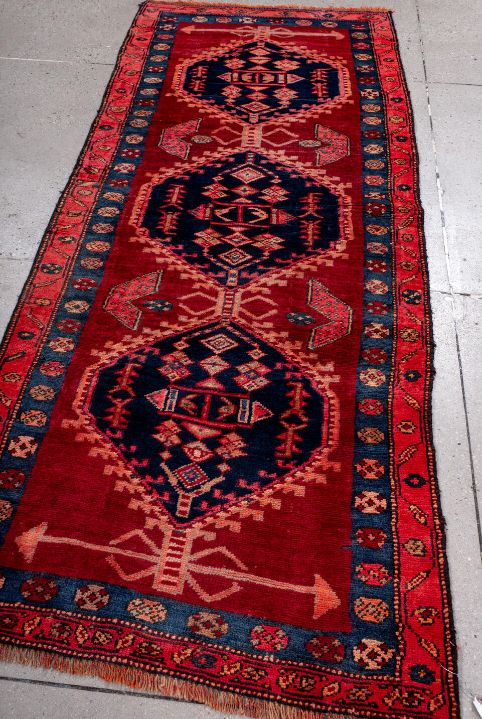 3' x 7' one-of-a-kind handmade vintage Kurd runner rug. Color palette: blue, brown, gray, pink, red