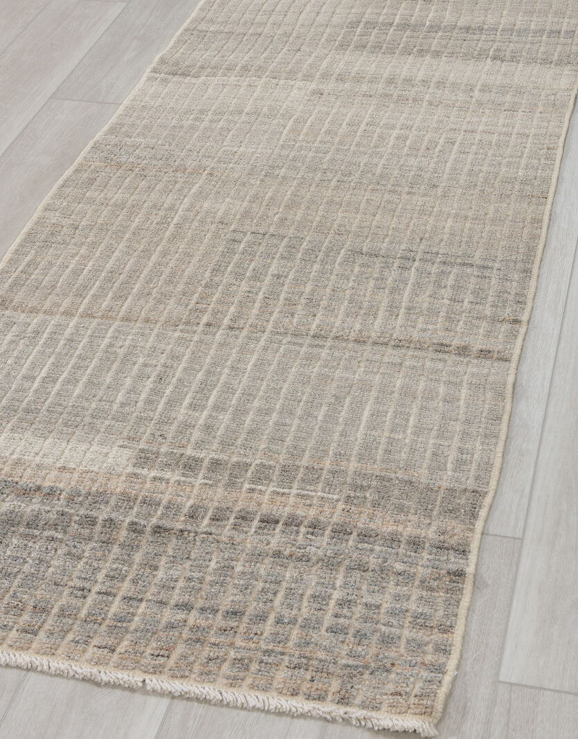 2' x 9' one-of-a-kind handmade vintage Tulu runner rug. Color palette: gray, light gray, off-white, pink, silver