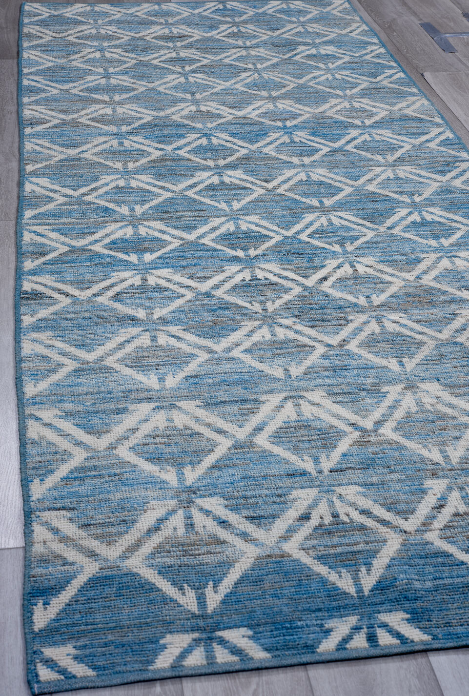 4' x 11' one-of-a-kind handmade vintage Tulu runner rug. Color palette: arapawa, blue, gainsboro, gray, light blue