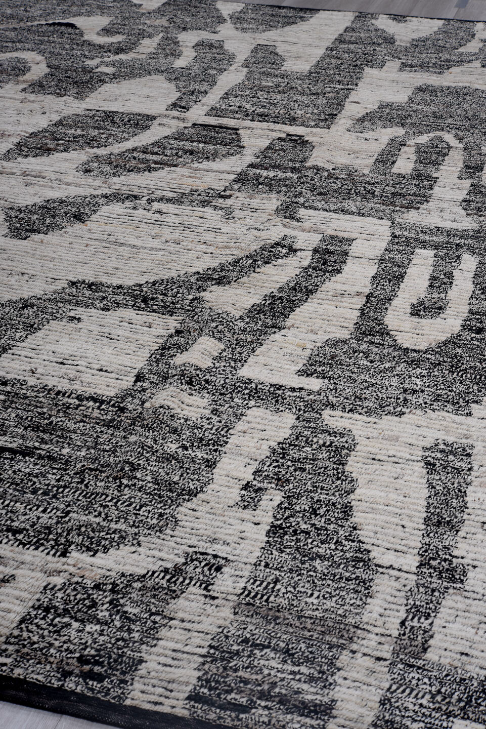 9' x 12' one-of-a-kind handmade vintage Tulu large size rug. Color palette: black, blue, charcoal, dark gray, dim gray