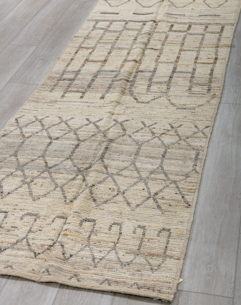 3' x 9' one-of-a-kind handmade vintage Tulu runner rug. Color palette: brown, gray, light gray, off-white