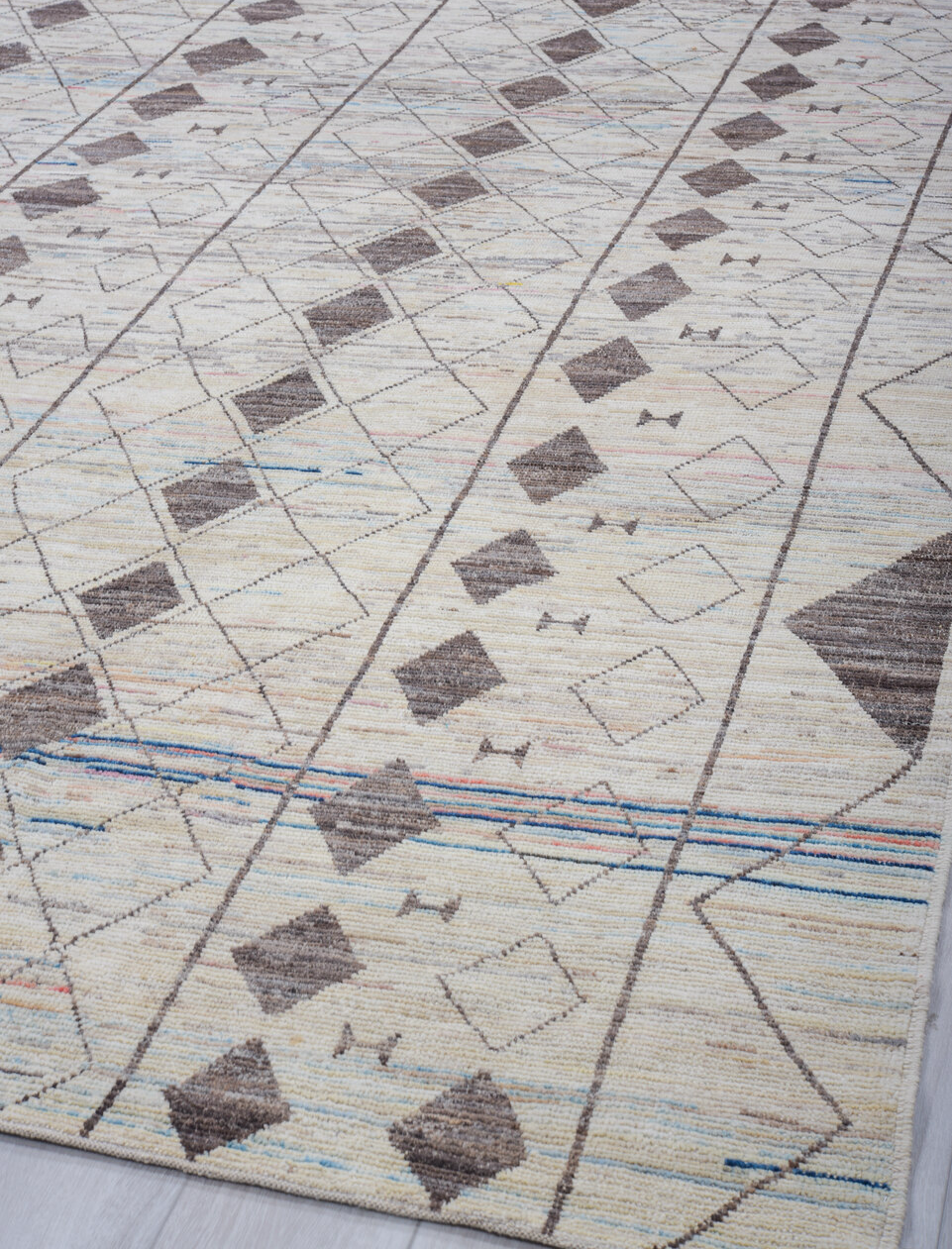 10' x 13' one-of-a-kind handmade vintage Tulu large size rug. Color palette: blue, dark gray, gainsboro, gray, light gray