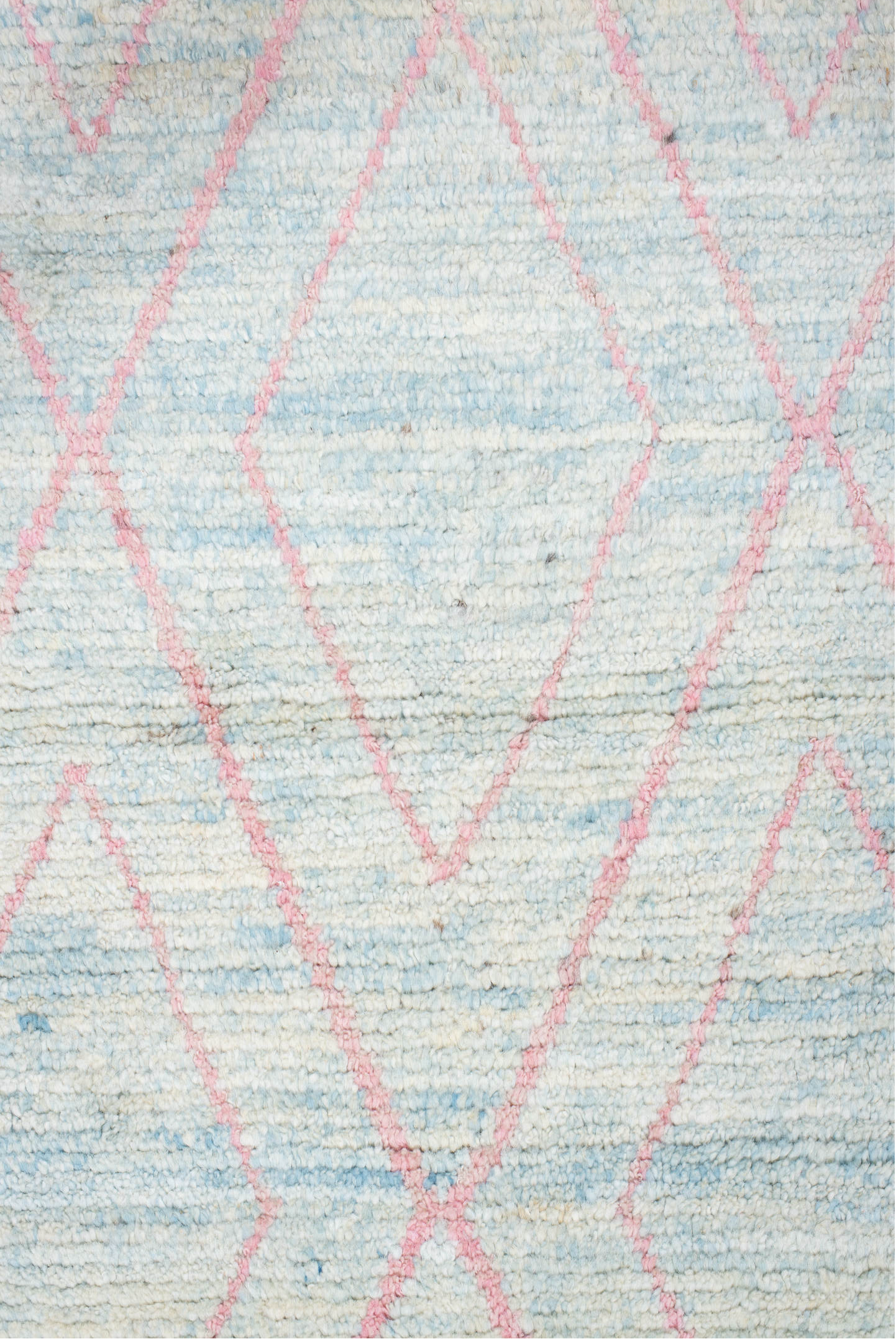 3' x 9' one-of-a-kind handmade vintage Tulu runner rug. Color palette: gray, pink, light gray, off-white, light blue