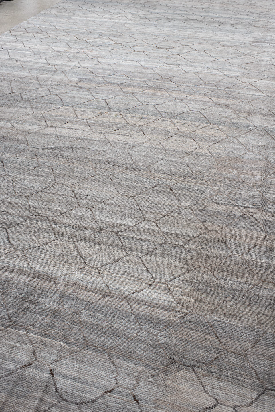 18' x 21' one-of-a-kind handmade vintage Tulu oversize rug. Color palette: gray, light gray, off-white, pink, silver