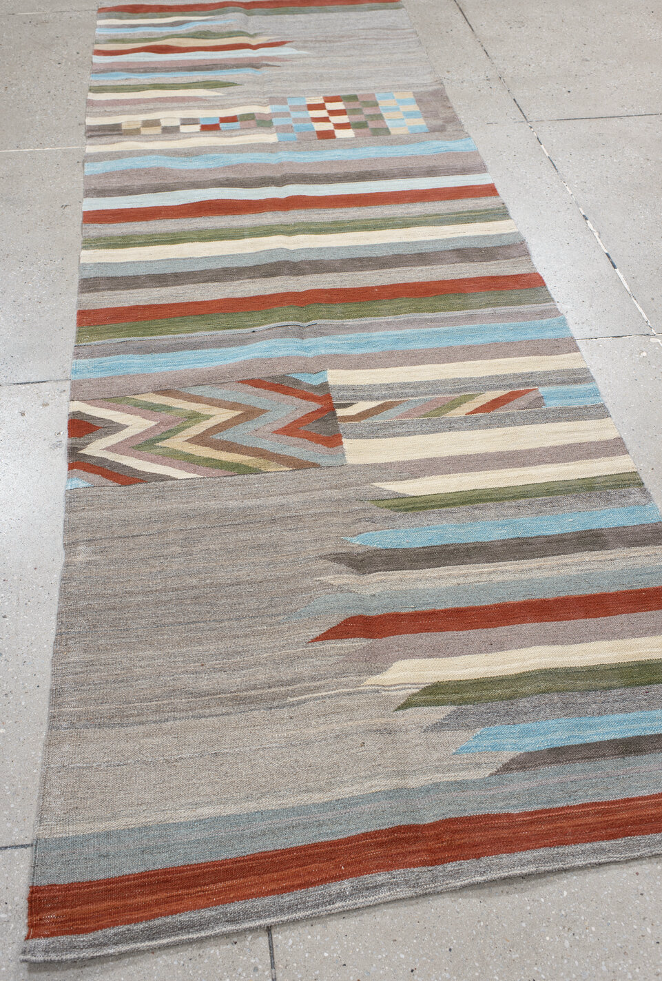 3' x 9' one-of-a-kind handmade vintage Kilim runner rug. Color palette: brown, gray, off-white, light gray, light blue, blue