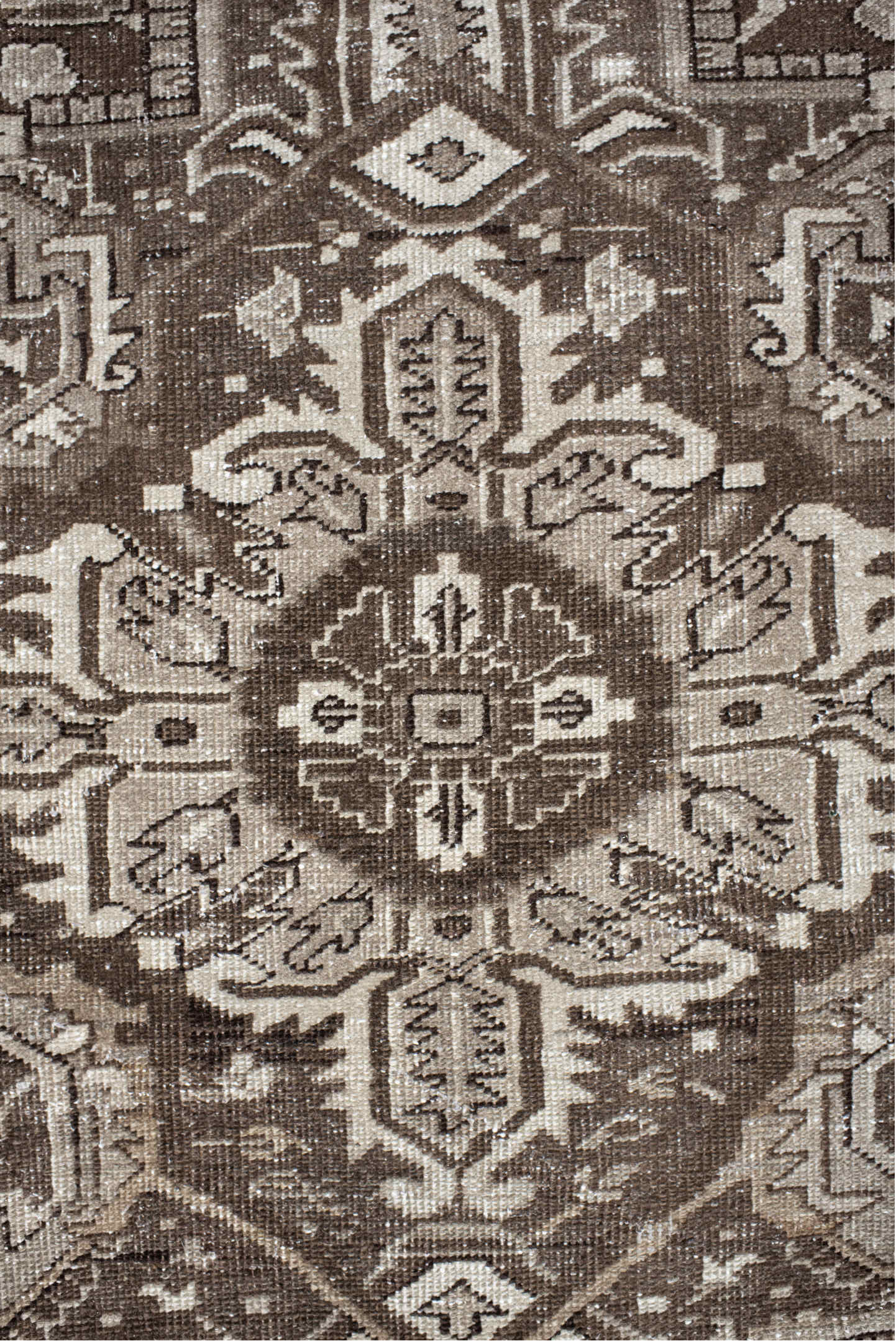 7' x 10' one-of-a-kind handmade vintage Heriz large size rug. Color palette: gray, off-white, light gray, brown, pink, linen