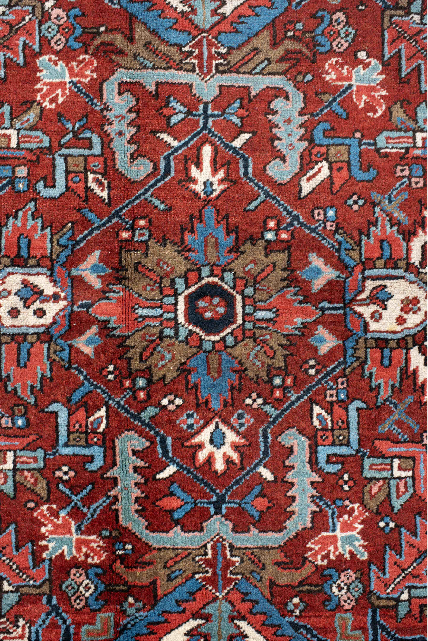 7' x 10' one-of-a-kind handmade vintage Heriz large size rug. Color palette: black, blue, brown, cadet blue, charcoal