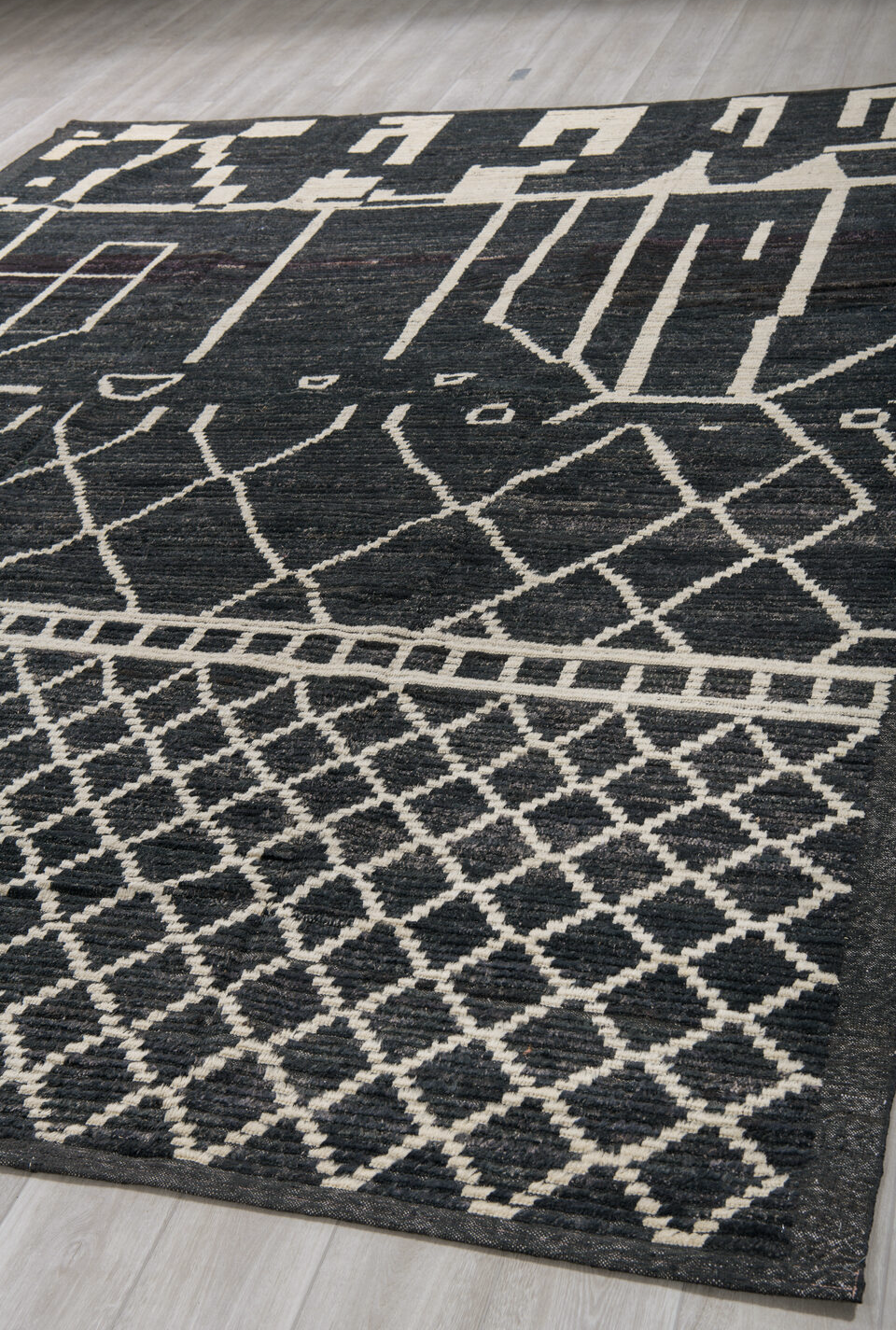 9' x 12' one-of-a-kind handmade vintage Tulu large size rug. Color palette: black, brown, charcoal, dark gray, dim gray