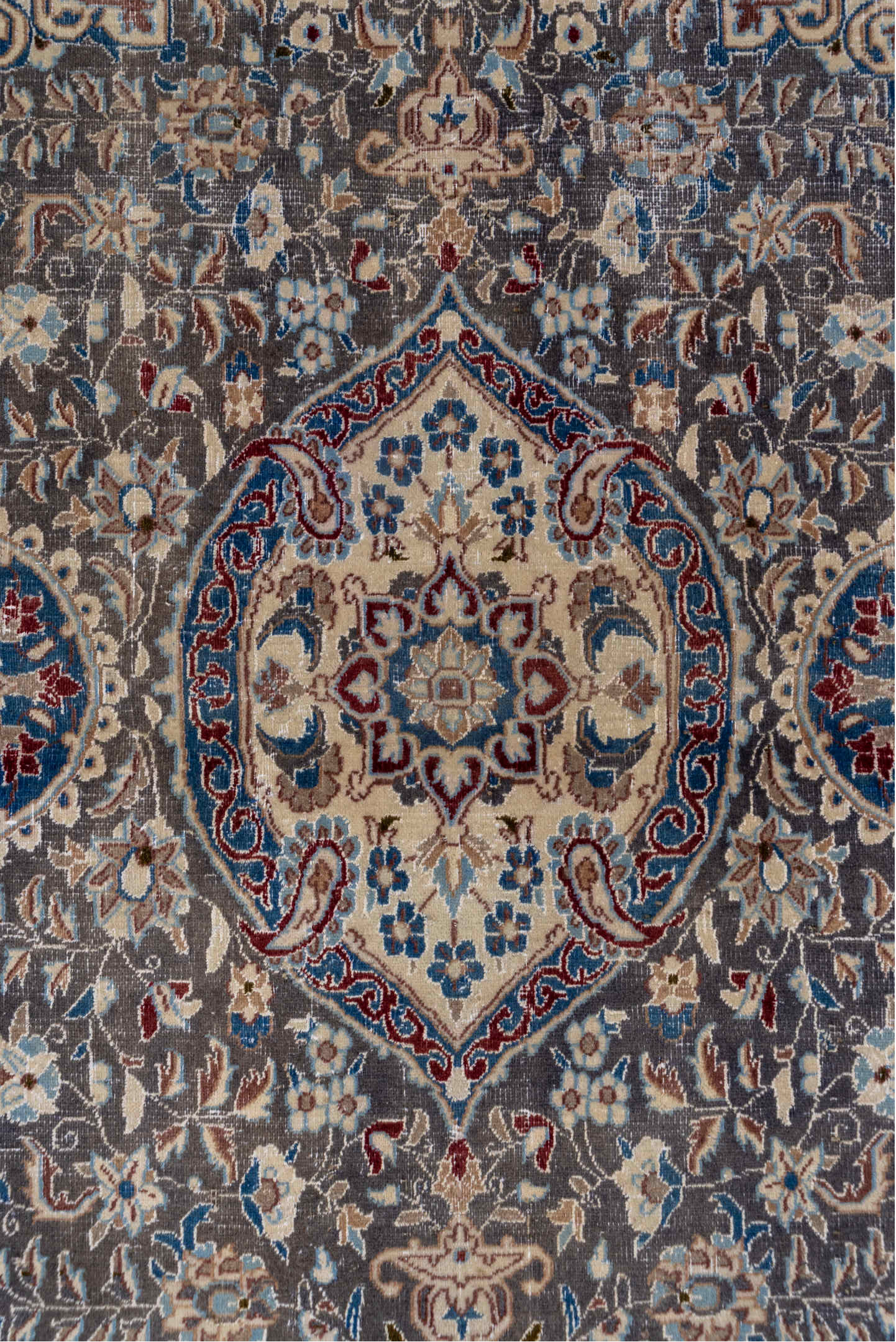 3' x 12' one-of-a-kind handmade vintage Naiin runner rug. Color palette: blue, brown, dark gray, gray, light blue