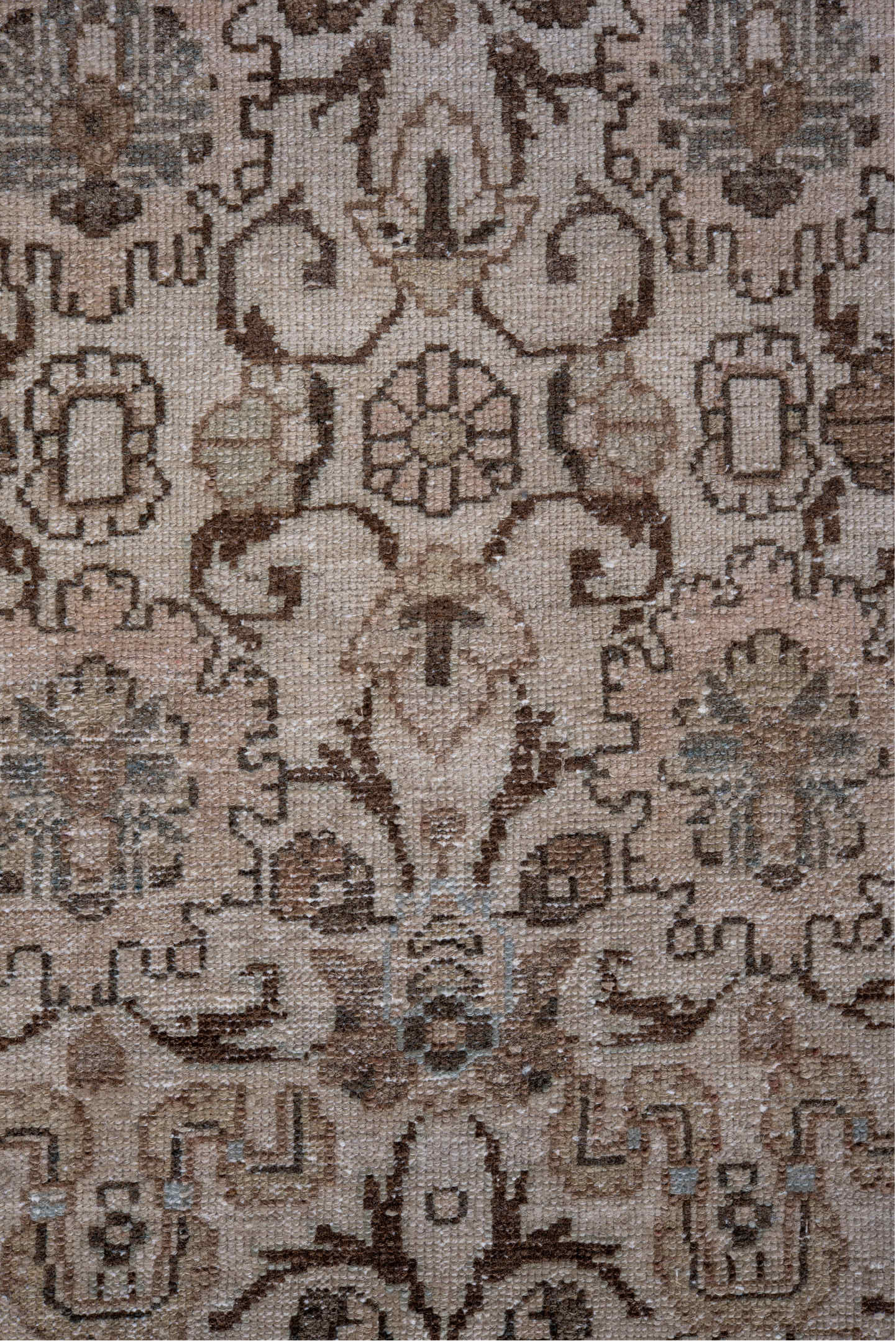 2' x 11' one-of-a-kind handmade vintage Dargazin runner rug. Color palette: brown, gray, light gray, off-white, pink, silver