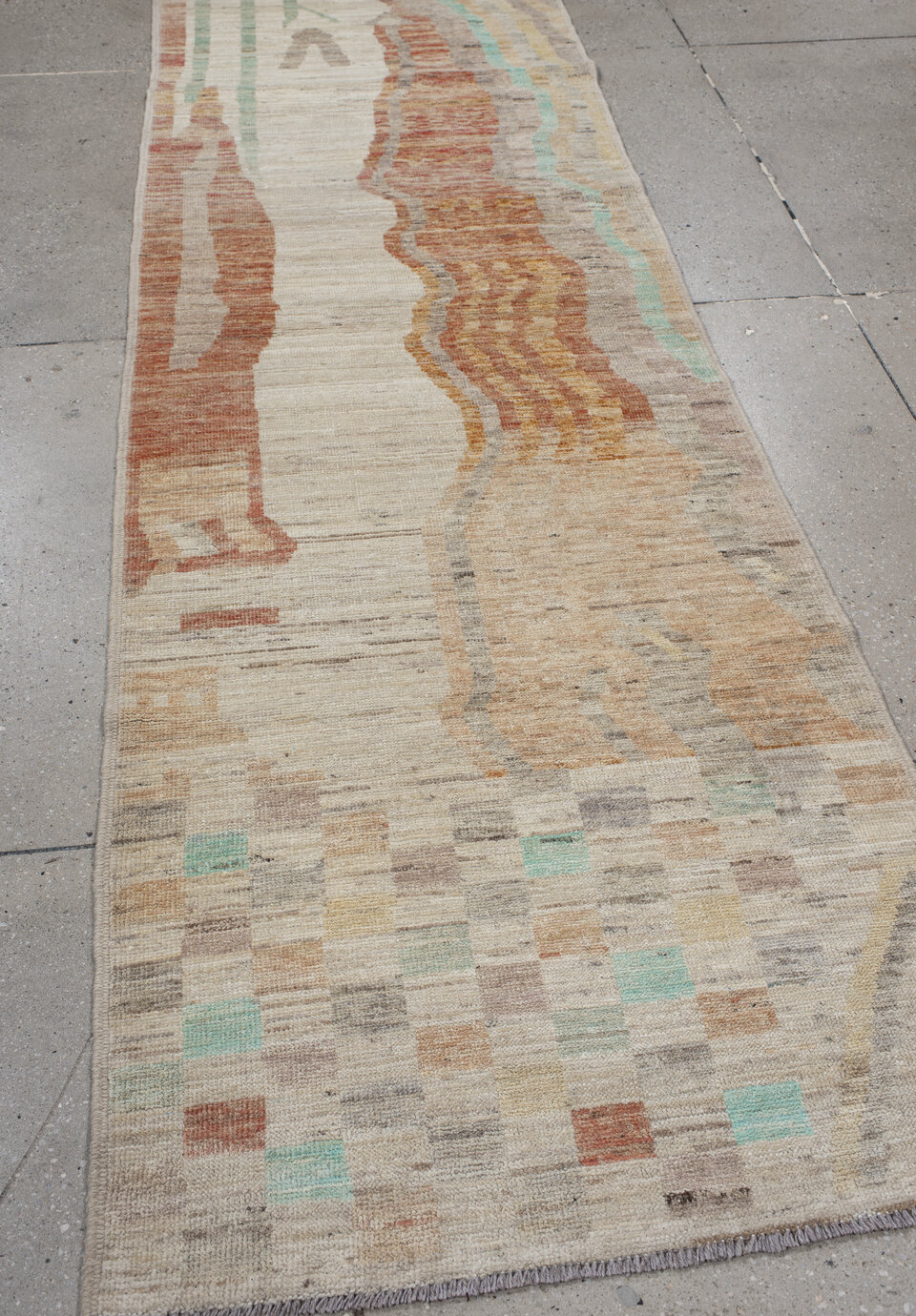 3' x 9' one-of-a-kind handmade vintage Kilim runner rug. Color palette: antiquewhite, brown, burlywood, gray, light gray