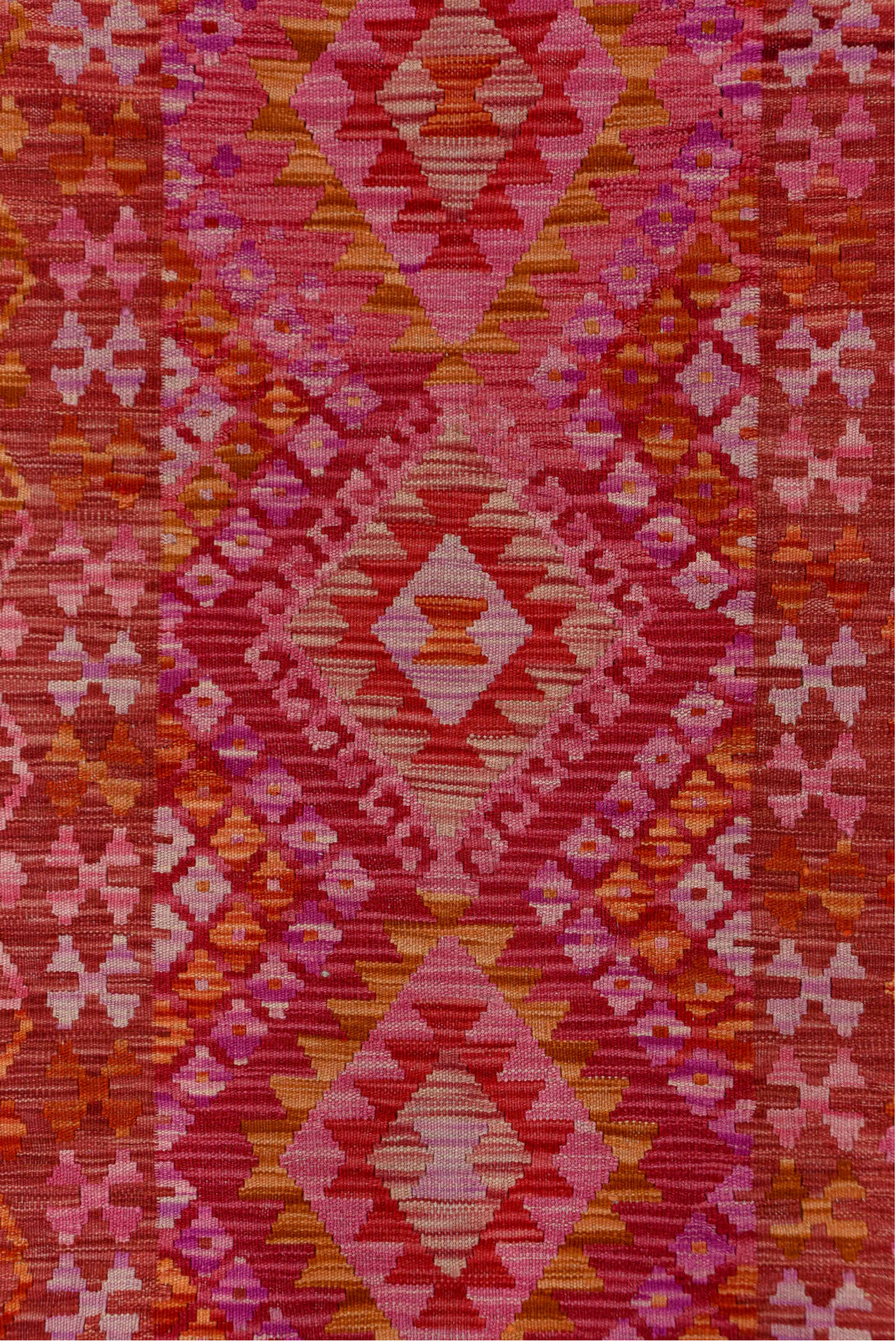 2' x 9' one-of-a-kind handmade vintage Kilim runner rug. Color palette: red, brown, pink, off-white, white, snow, whitesmoke