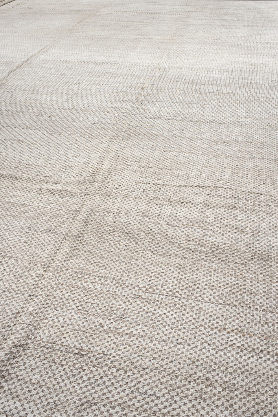 18' x 26' one-of-a-kind handmade vintage Tulu oversize rug. Color palette: gray, light gray, linen, off-white, pink