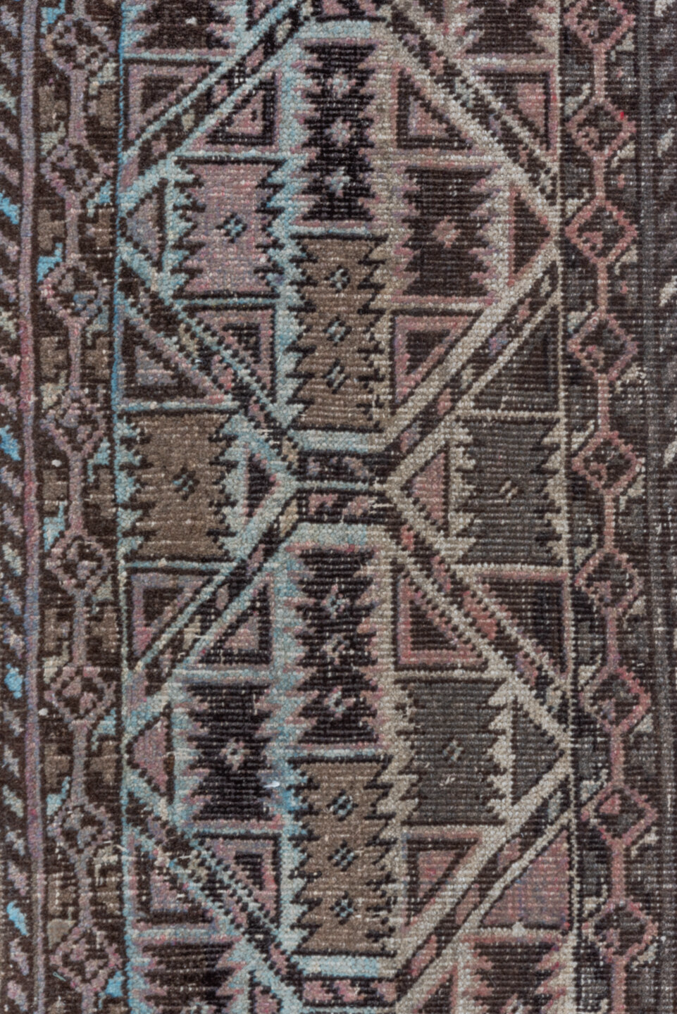 1' x 4' one-of-a-kind handmade vintage Hamadan small size rug. Color palette: brown, gray, light gray, off-white, pink, snow
