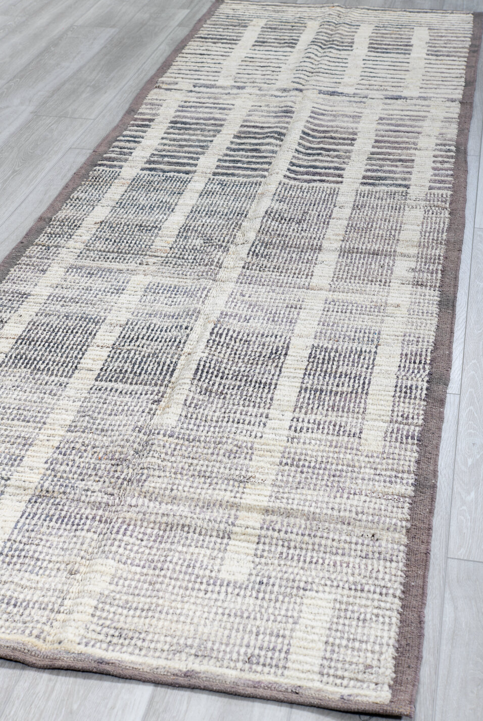 3' x 11' one-of-a-kind handmade vintage Tulu runner rug. Color palette: blue, dark gray, dim gray, gainsboro, gray