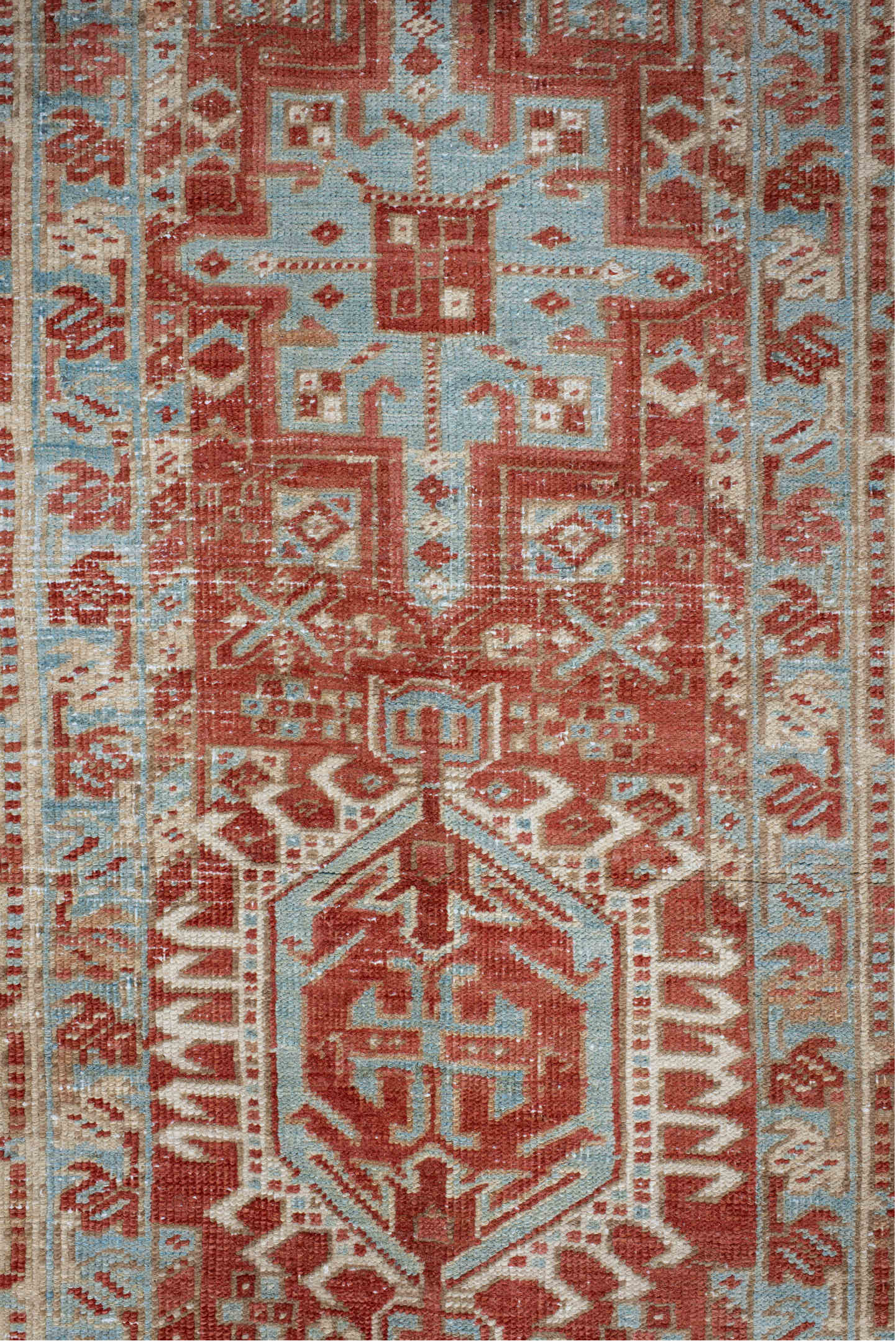 2' x 14' one-of-a-kind handmade vintage Heriz runner rug. Color palette: gray, off-white, brown, light gray, pink