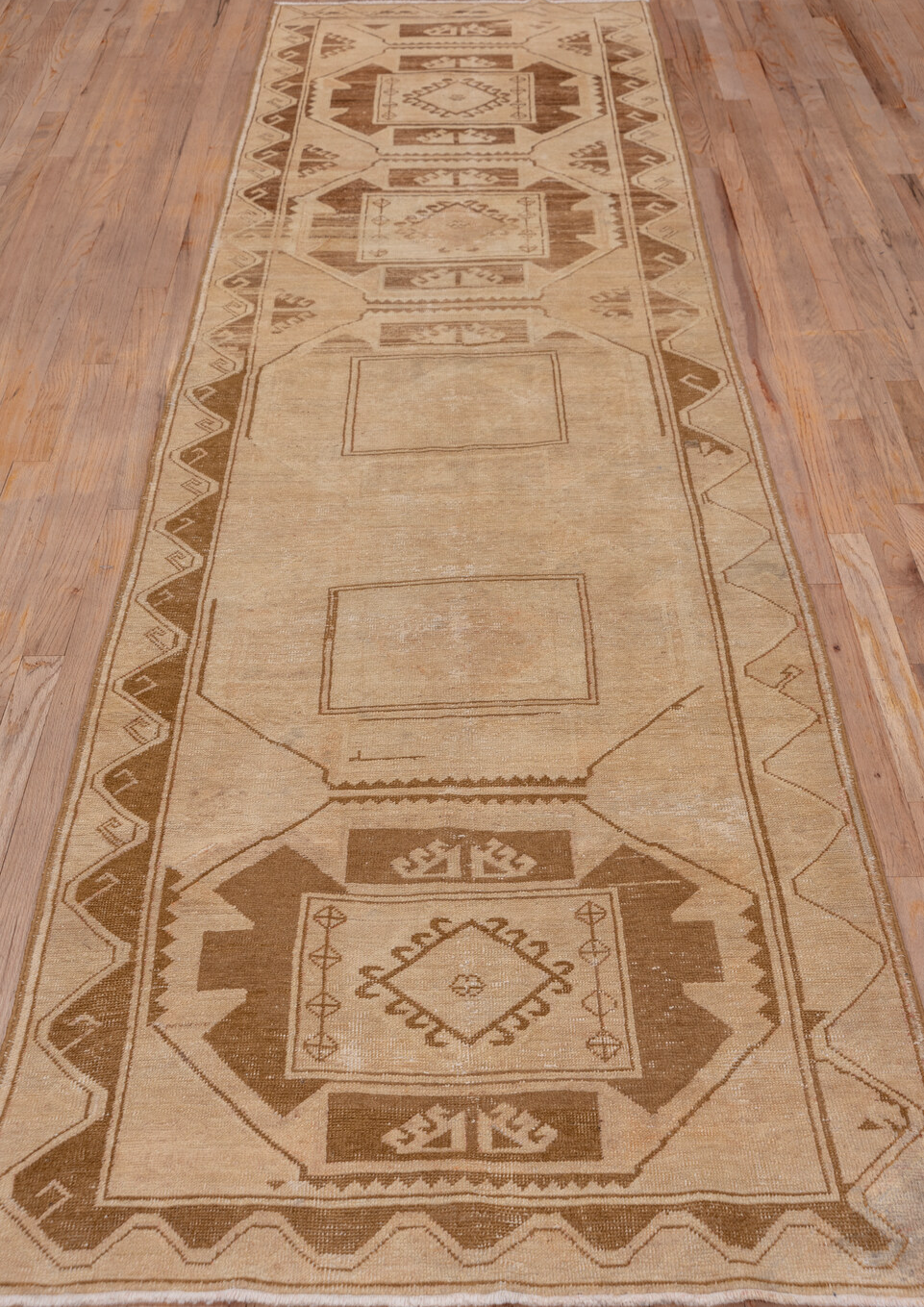 3' x 11' one-of-a-kind handmade vintage Oushak runner rug. Color palette: black, brown, gray, off-white, snow, white