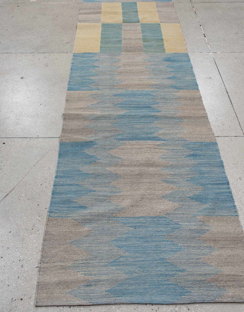 2' x 15' one-of-a-kind handmade vintage Kilim runner rug. Color palette: blue, brown, dark gray, gray, light gray, off-white
