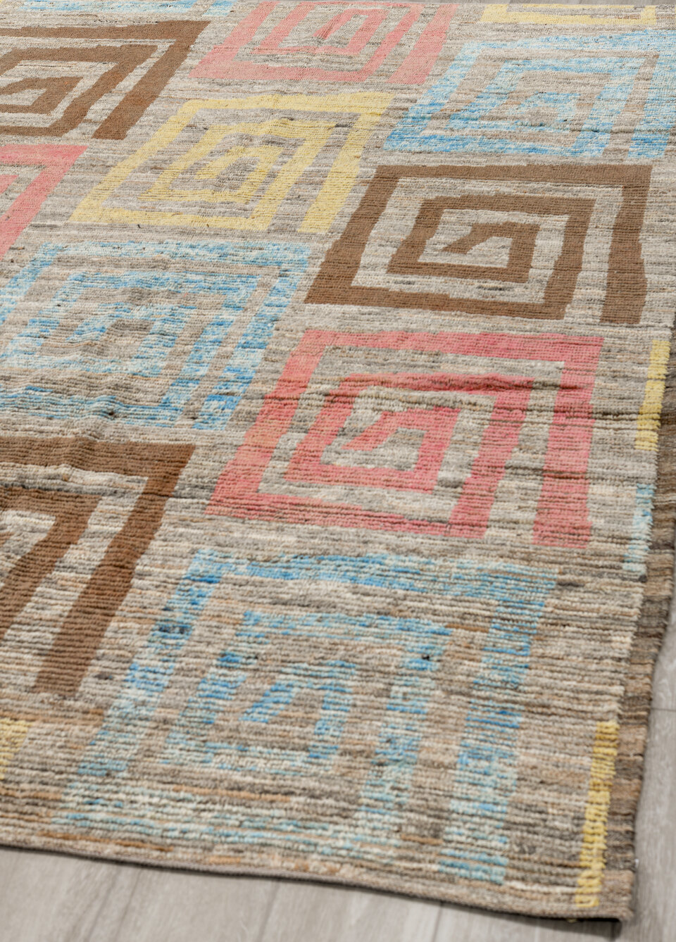 6' x 10' one-of-a-kind handmade vintage Tulu large size rug. Color palette: blue, brown, gray, light blue, light gray